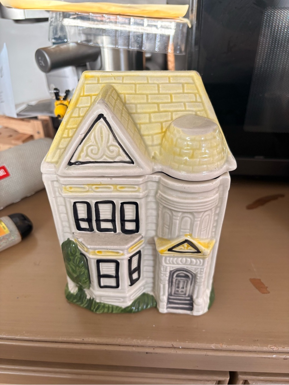 Victorian House Ceramic Cookie Jar - White & Yellow